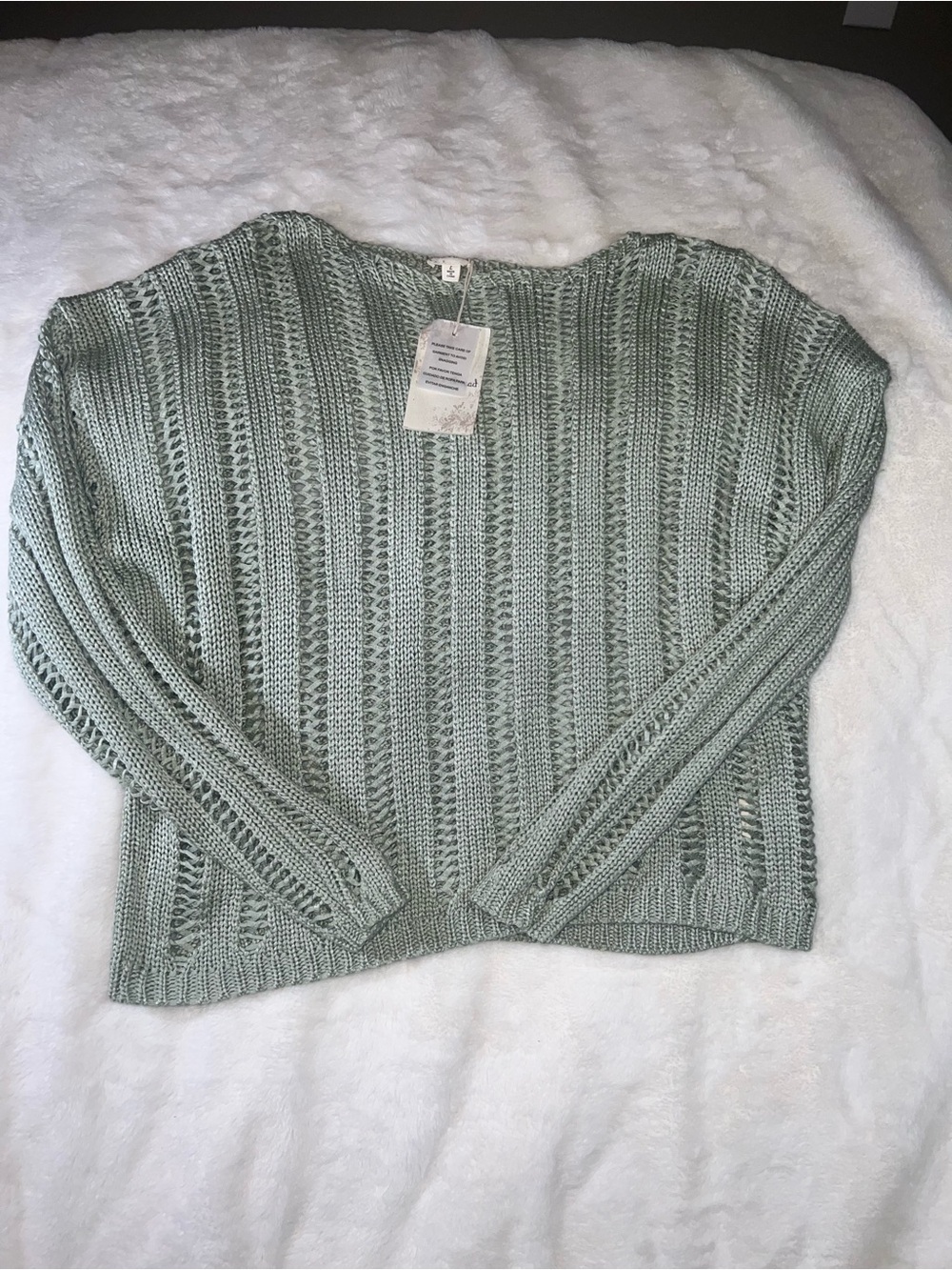 Hem & Thread Mint Green Open-Knit Crewneck Sweater